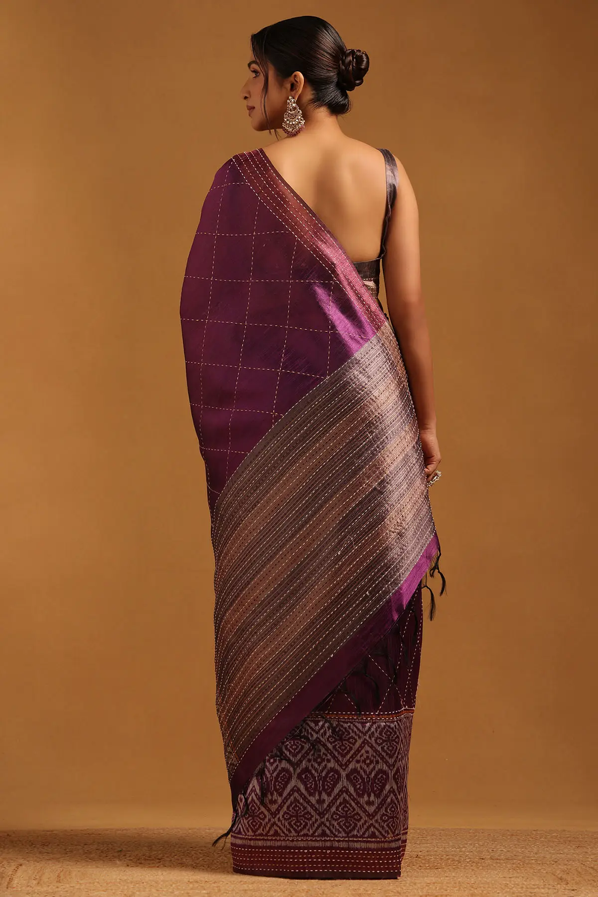 Magenta Tussar Geometric Saree With Kantha Embroidery
